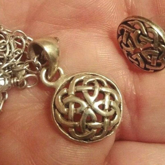 Vintage Sterling Silver Button Celtic Knot Necklace & Earring Set - Picture 1 of 6